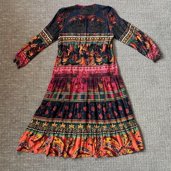 FARM Rio Mixed Patchwork Midi Dress Long Sleeve Tie Neck Size Small - Picture 10 of 10